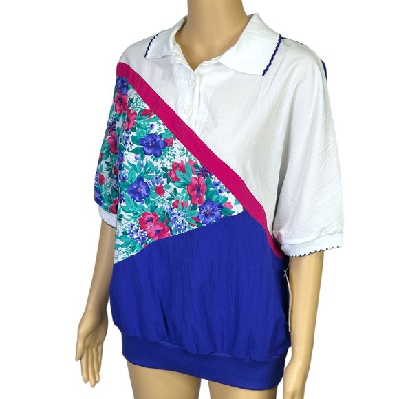 Southern Lady Womens L Blue Floral‎ Short Sleeve Blouse Shirt Stretch Waistband - Picture 5 of 13